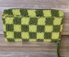 Retro Style Olive Green & Yellow Checkered Furry 8" Wristlet NEW