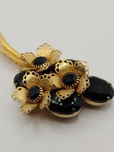 Large 2.75" Vintage Gold Tone Floral Black Stone Brooch Pin