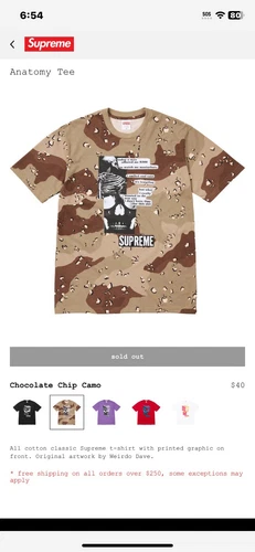Tee shirt Supreme Anatomy camouflage XL printemps été 2025 rare épuisé extra large