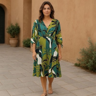 Elie Tahari | Green Tropical Print Silky 3/4 Sleeve Midi Dress Medium