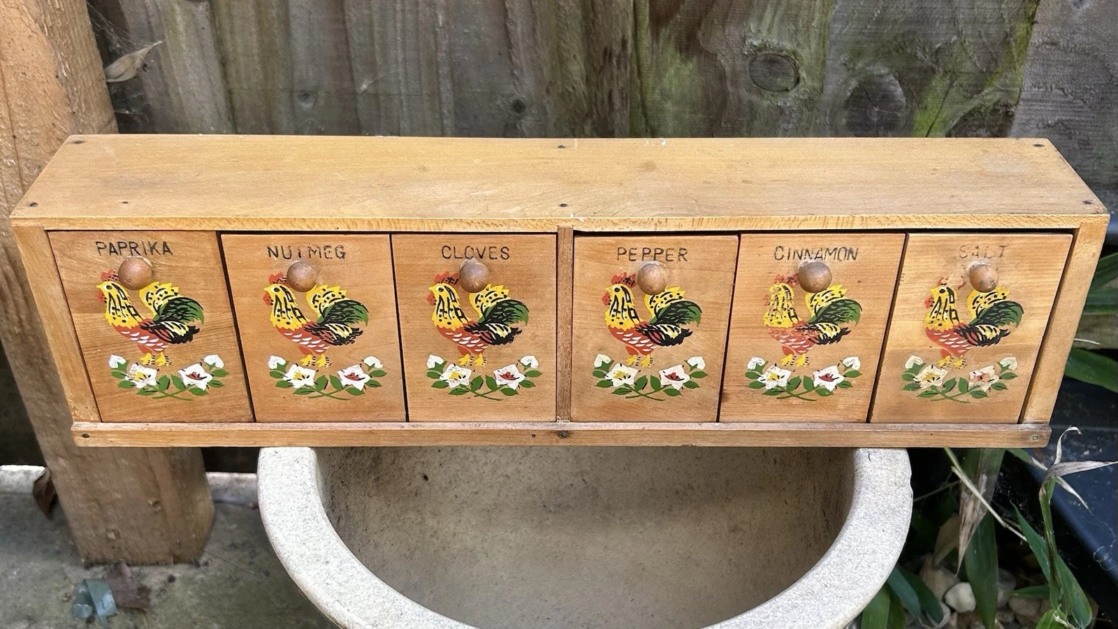 Vintage Hand Painted Wooden Rooster Spice Rack with Drawers