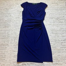 Lauren Ralph Lauren Dress Size 4 Blue Ruched Midi Sheath Stretch Cap Sleeve