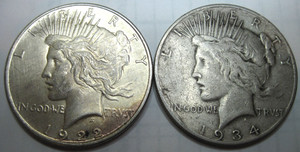 1934 S & 1922 P * 2 Silver PEACE DOLLARS ! Shown * USA ONLY Please * $5.00 SHIP