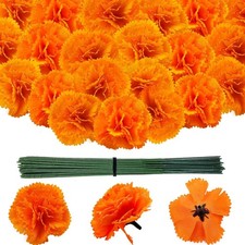 100 Pcs Marigold Flowers Heads with Floral Stems, Silk Orange Artificial Flowers