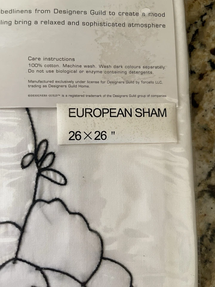 Designers Guild Bedlinen White Euro Sham Black Floral Embroidery 7 Available New - Image 4 of 4