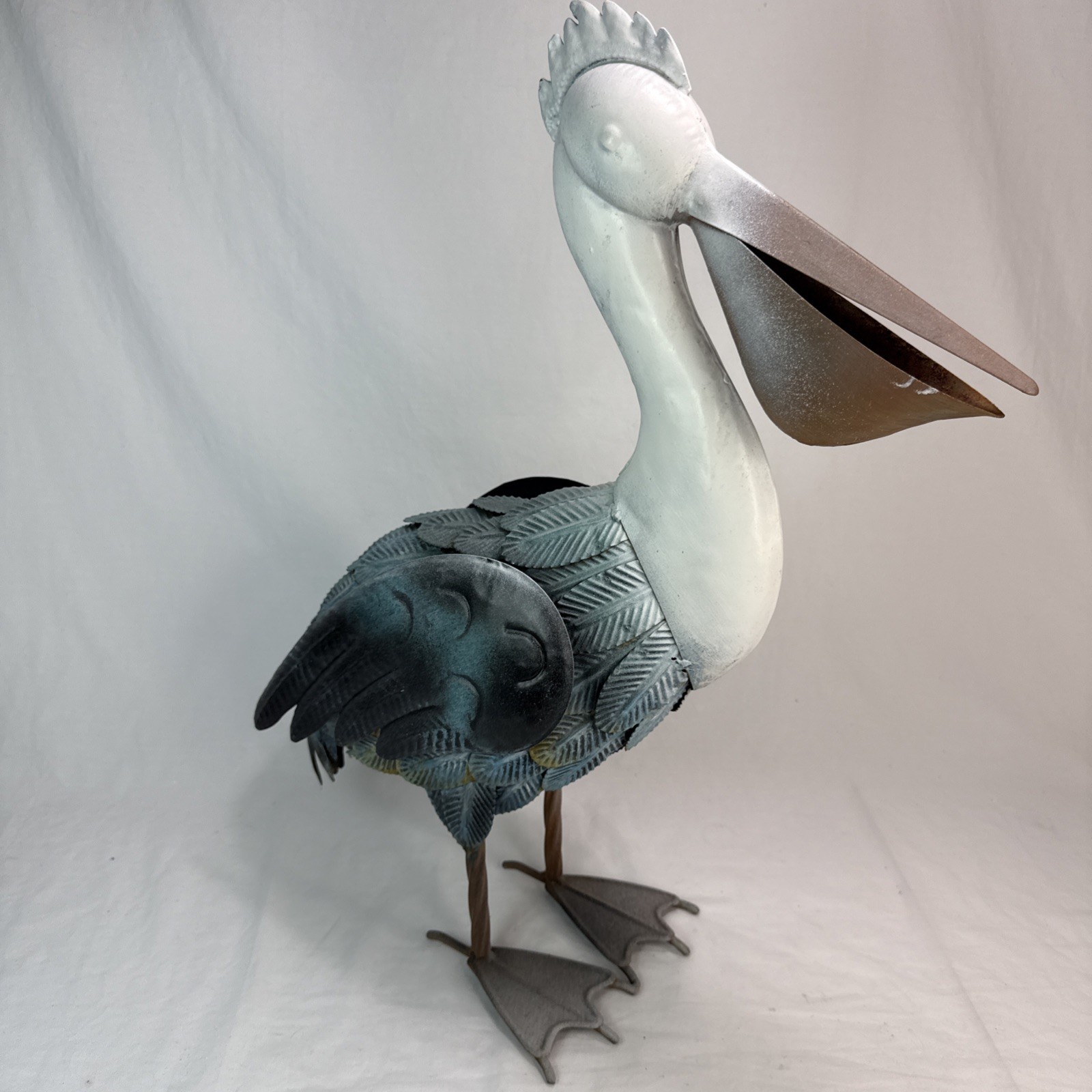 Metal Pelican Statue Yard Art Decor Blue White Unique Sea Bird Art Beach Ocean