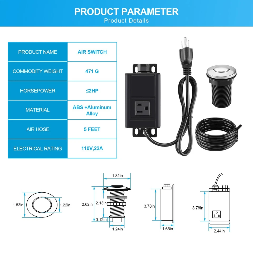 Garbage Disposal Air Switch Kit with Power Cord Kit Stainless Steel 2.5" Button - Image 3 of 4