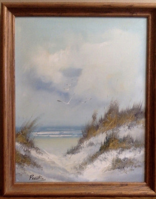 Oil on Canvas Painting Beach Seagrass Dunes Seagulls Signed by Preston Framed
