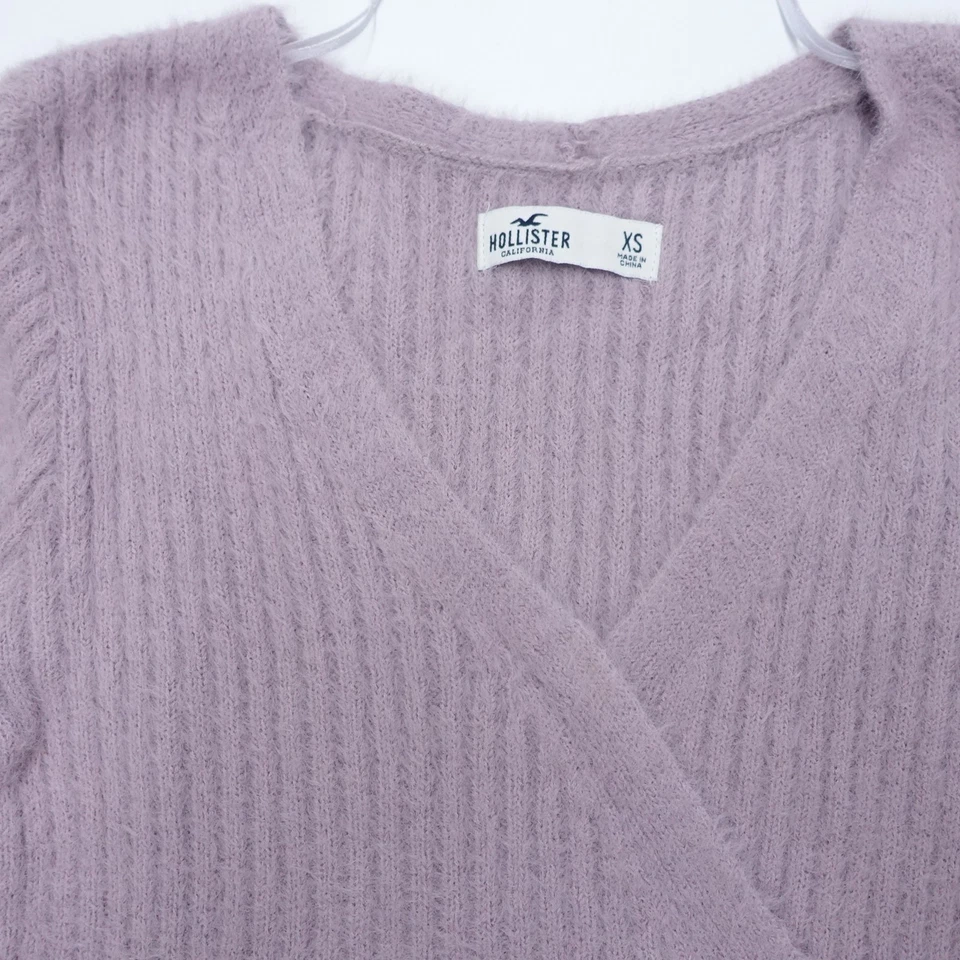 Hollister Wrap Sweater Womens XS Purple Ribbed Chunky Knit Nylon Classic V-Neck - Image 2 of 4