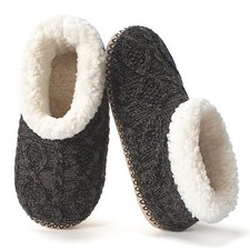 Cable Knit House Slippers for Women Indoor, Sherpa Fleece Lined 7-8 Knit Black