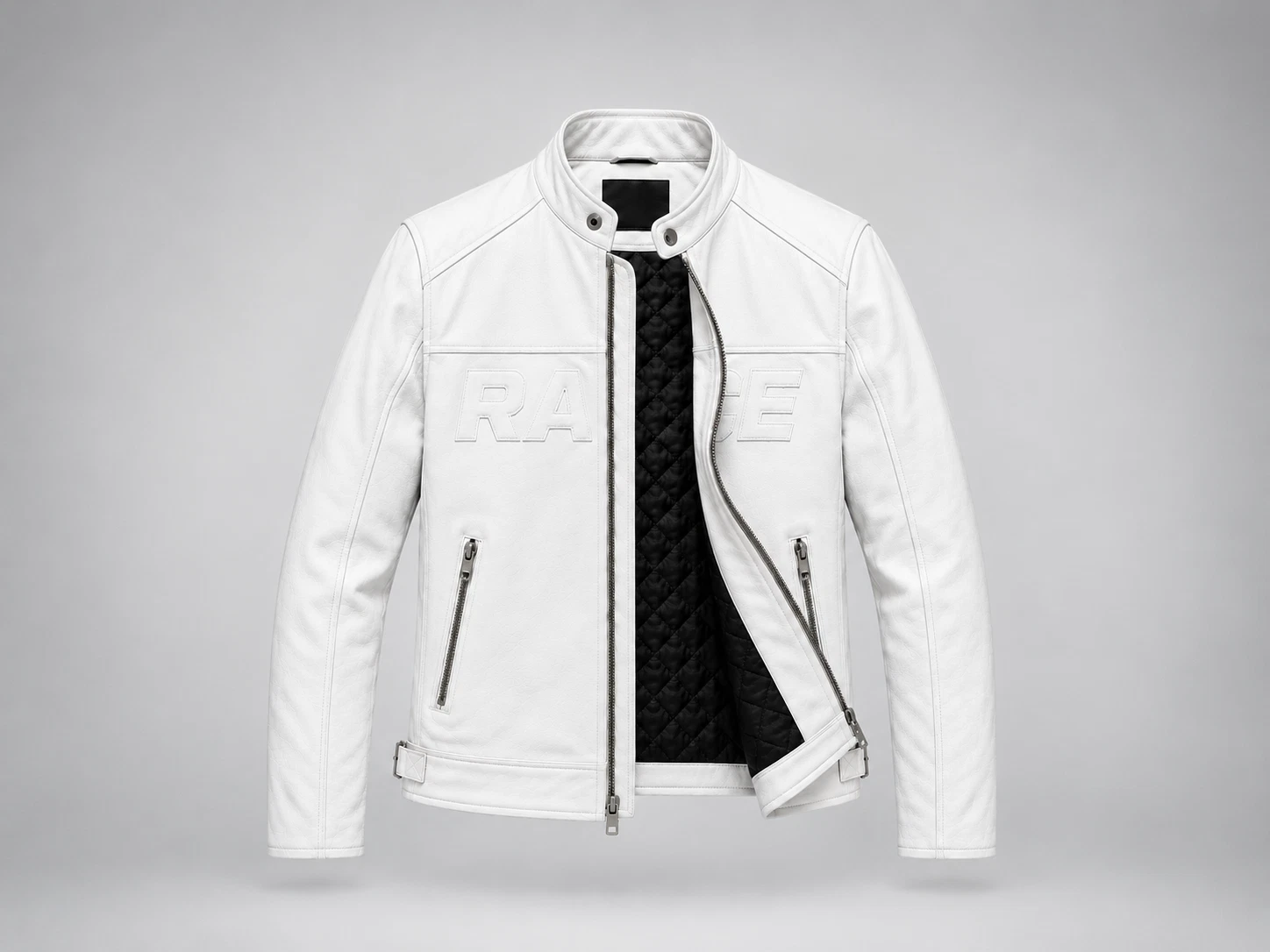 Men's White Leather Racing Biker Jacket – Modern Cafe Racer Style image 1