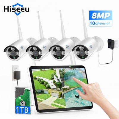 Hiseeu 4K Security Camera System,10CH 10.1''Touch Screen NVR,4PCS 8MP Cameras,HDD