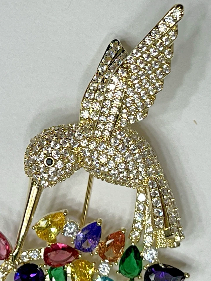 Хрустальные стразы колибри цветок брошь винтажный птица заколка стекла розовый зеленый - Изображение 3 из 4