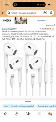 2 Pack Wired Earbuds for iPhone 14 13 12 11 Pro Max Lightning Headphones Mic