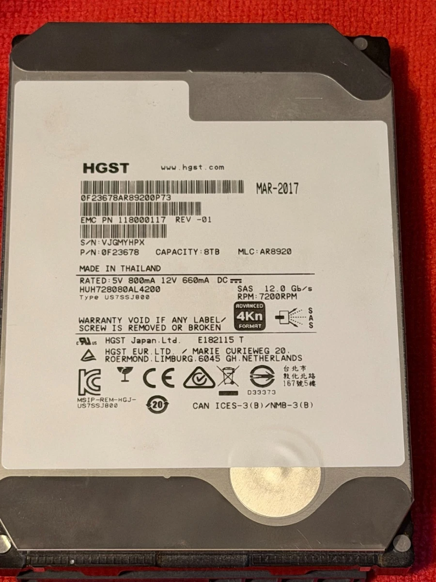 e*2様 日立HGST ８TB 内臓HDD 高信頼ヘリウム充填HDD 稼働1年3 Hitachi Ultrastar He8 0F23657 / HUH728080AL5204 / Supermicro <br