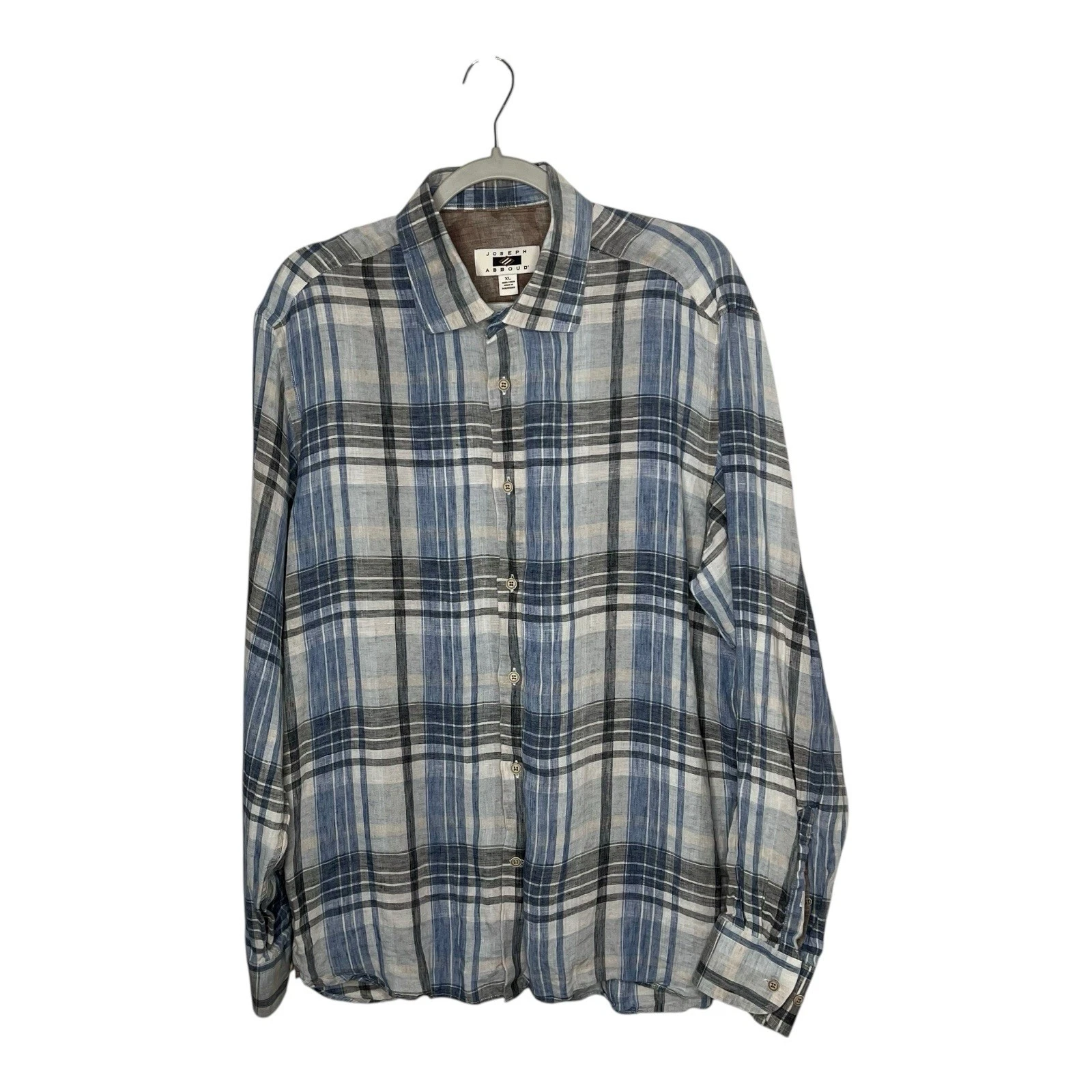Joseph Abboud Shirt Men XL Blue Gray Plaid 100% Linen Long Sleeve Button Front