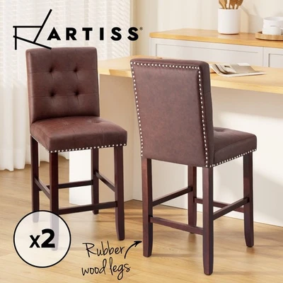 Artiss 2x Bar Stools Kitchen Dining Chairs Counter PU Leather Wooden Ada Brown - image 1 of 4