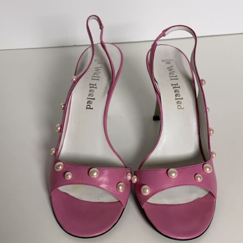 Vintage 90s Rodo Hot Pink Leather Pearl Embellished Stiletto Heels Size 39/ 6.5 - Picture 4 of 12