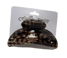 Plaid Floral Hair Claw Clip Brown Tan Checkered Gold Tone Accessory