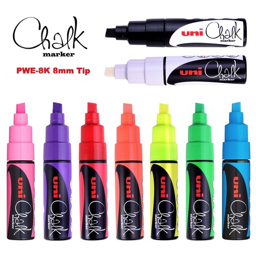 Uni Chalk PWE-8K Large Broad chalk Marker Blackboard Pens - All 9 Colours - Afbeelding 1 van 11