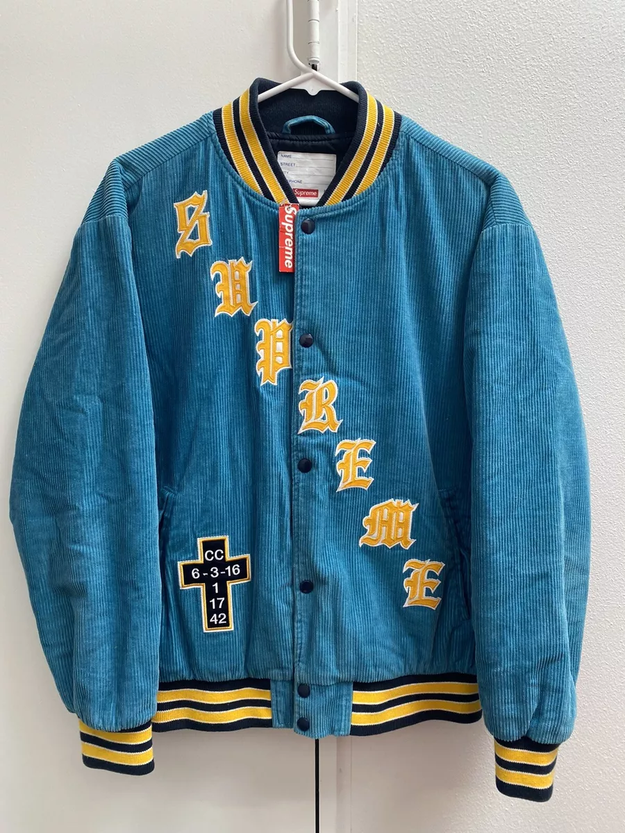 Supreme Jacket Corduroy Old English Blue Yellow Varsity Size M