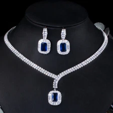 Blue Square Drop Earrings Necklace Silver Plated CZ Crystal Wedding Jewelry Set