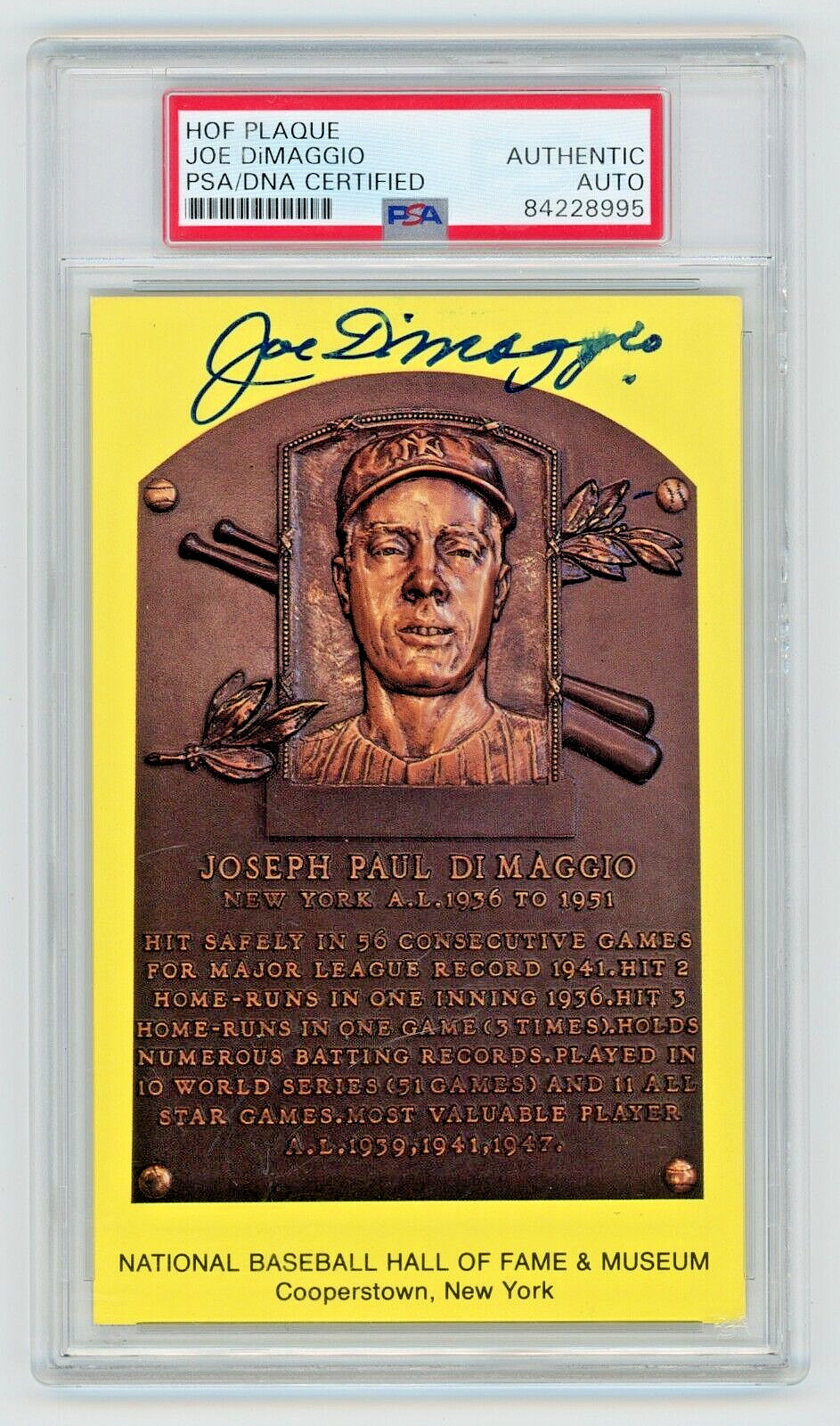 Hall of Fame Plaque Joe DiMaggio Yellow Postcard Auto PSA/DNA Cert Authentic