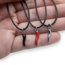 Collana ciondolo Cornetto Corno ROSSO ARGENTO NERO corda tipo caucciu Uomo Donna