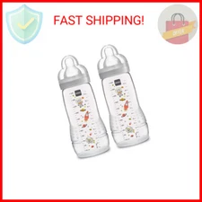 MAM Easy Active Bottle 11 oz (2-Count), Fast Flow Bottles, 4+ Month, Unisex, Gra