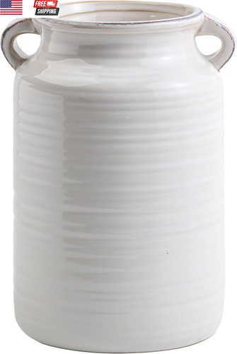 Ceramic Rustic Distressed White Flower Vase for Centerpieces, Kitchen, Office or