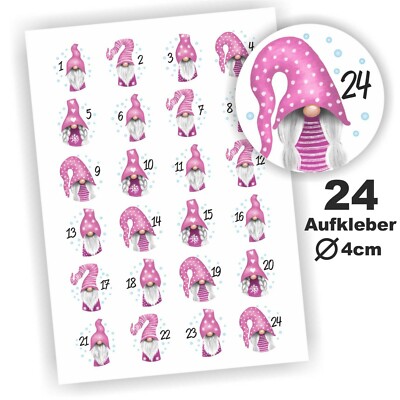 24 Aufkleber 1-24 Advent Adventskalender Zahlen Weihnachten Sticker Wichtel Rosa