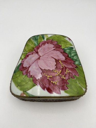 Chinese Enamel And Metal Trinket Box, Pink Flower Lid 5” Large Size