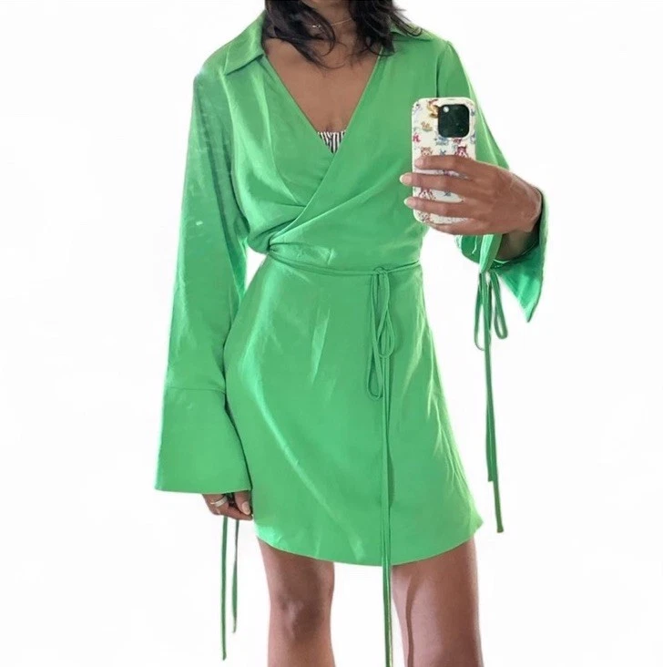 Neon Green Wrap Dress Women’s Size M V Neck Long Sleeve - Image 2 of 4