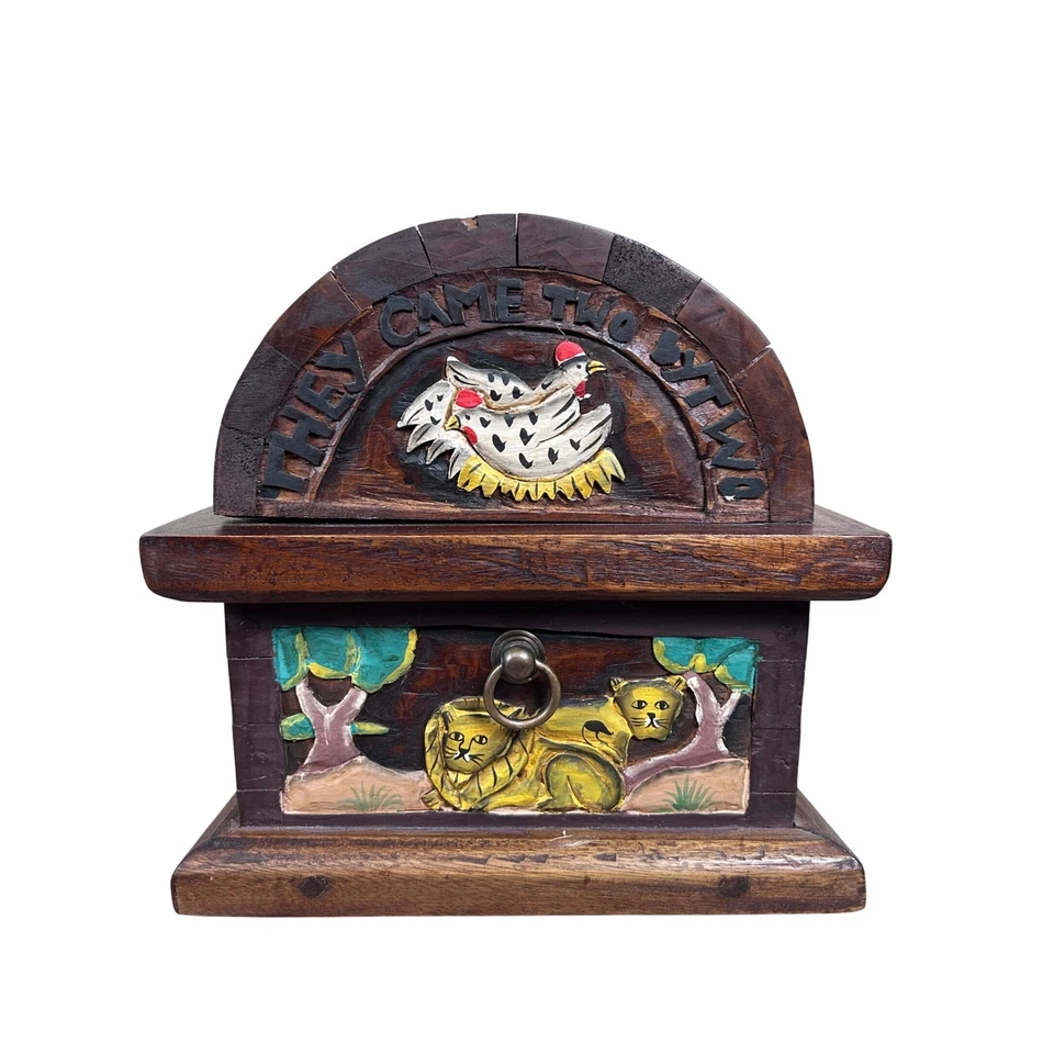 Vintage Hand Carved Wooden Trunk Noahs Ark Chest Box Folk Art Animals Storage - Image 3 of 4
