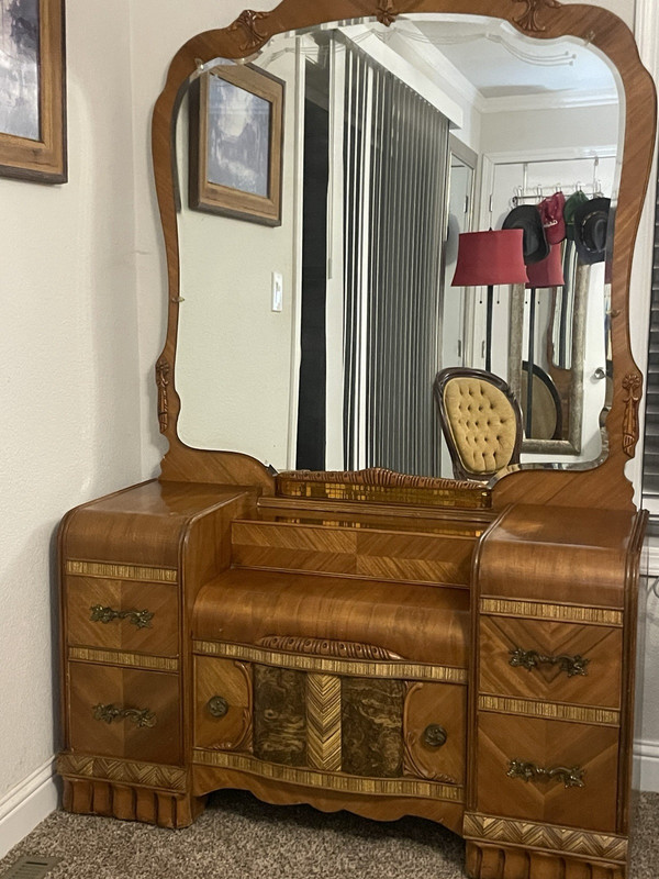 Antique Art Deco Waterfall  Vanity w/ Arched Mirror, 9 Drawers, 2 Shelves 50in
