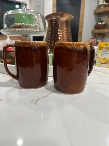 2 Vintage Hull Ovenproof Brown Drip Glaze Large Mugs 5" Tall