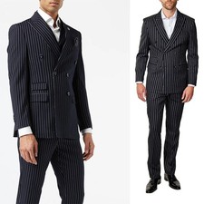 Business Mens Suit Striped Regular Fit Peak Lapel Groom Prom Double Breasted