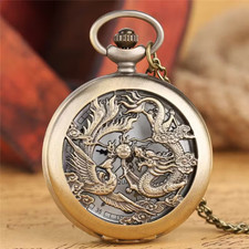 DRAGON and PHOENIX Vintage Quartz Bronze Pocket Watch with Chain Pendent Bronze