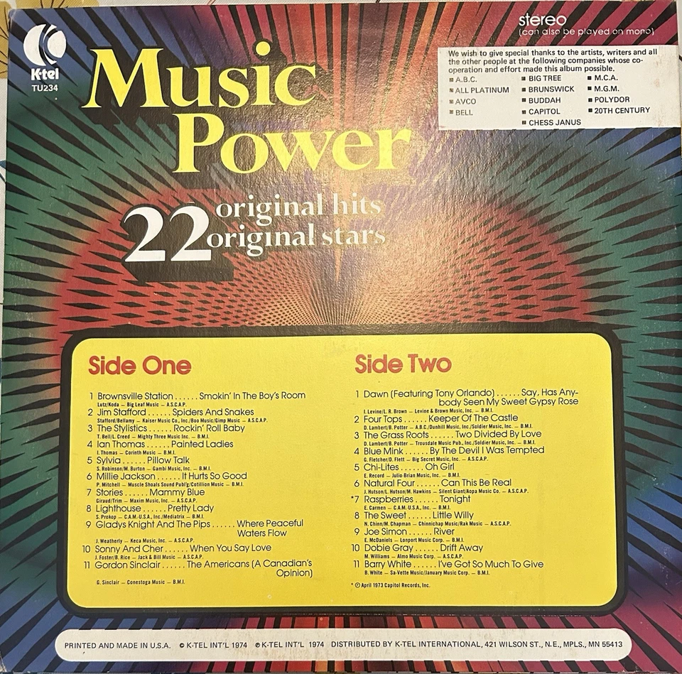 Music Power: 22 Original Hits Stars (1974, Vinyl LP) K-Tel TU-234 - Image 2 of 2