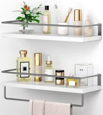 White Floating Shelves with Dark Grey Towel Rack - Set of 2 Wall Mounted Hanging