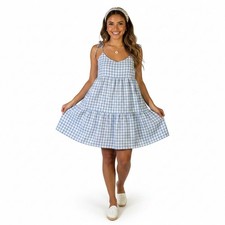 MINKPINK Blue Gingham Tiered Babydoll Mini Dress Cottagecore Prairie Size S
