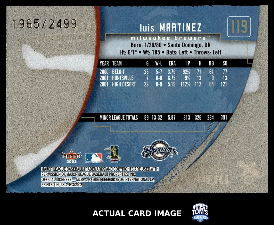 2002 Fleer EX #119 LUIS MARTINEZ Milwaukee Brewers RC #/2499 NM - Image 2 of 4