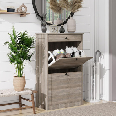 Narrow Shoe Cabinet with 2 Flip Drawers - Rustic Gray Storage Organizer