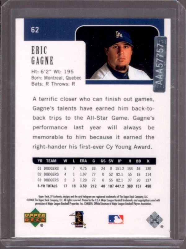 Eric Gagne 2004 SP Auténtico #62 Juego Fechado Recompra Autógrafo Automático #1/1 con Certificado de Autenticidad Foto 2 de 4
