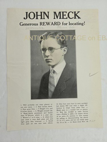1925 antique JOHN MECK glencoe il MISSING PERSON REWARD poster RADIO PHOTO