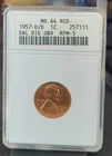 1957 D/D Lincoln Wheat Cent DDO & RPM-5 MS64 RED ANACS  Old soapbox holder