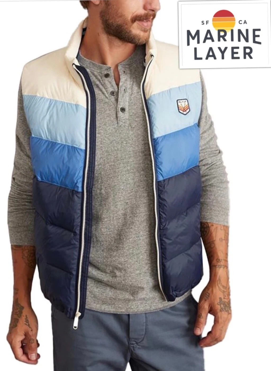 Marine Layer Men’s Archive Boreal Outdoor Puffer Vest Colorblock Blues size Med image 1