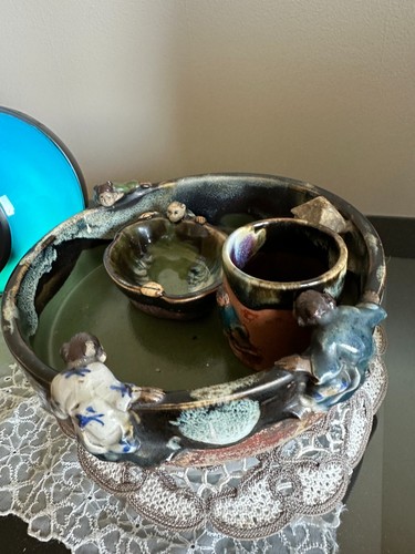 ANTIQUE JAPANESE 3 PIECES SUMIDA GAWA LARGE WITH 3 FIGURES SMALL & MONKEY CUP - Picture 6 of 20