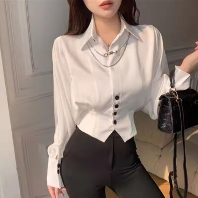Chiffon Shirt Spring Autumn Long Batwing Puff Sleeve Slim Blouse Women Clothes