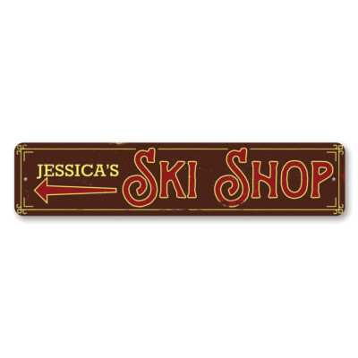 Ski Shop Arrow Sign, Personalized Name Ski Sign, Custom Ski Lodge - Aluminum